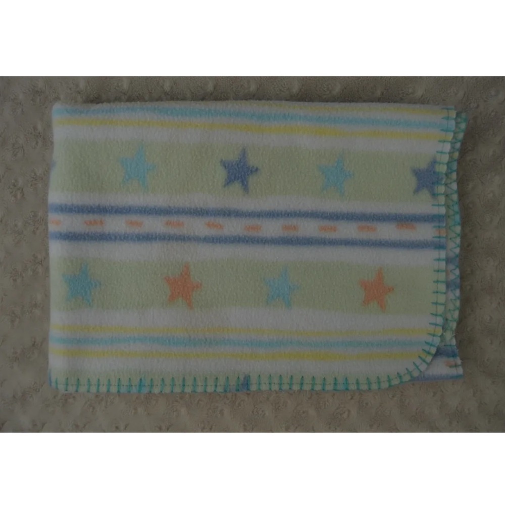 Baby Connection Stars Stripes Blanket Blue White Green Yellow Stitched Edge